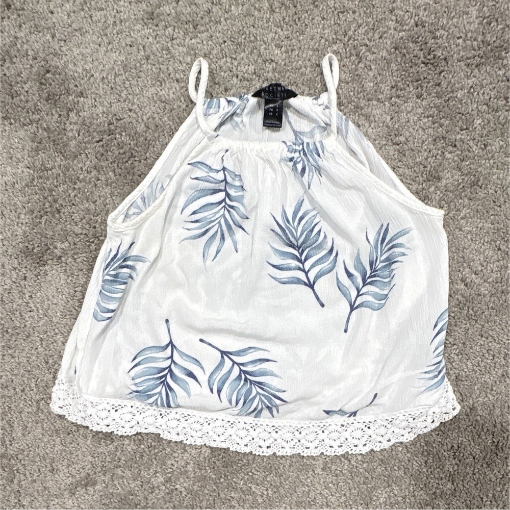 Sweetwear Society Women S White/Blue Floral Halter Cropped Blouse Lace Trim